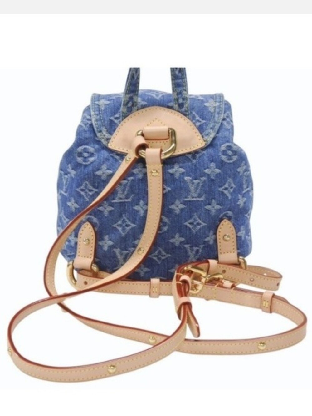 Cotton Remix Blue Monogram Denim Midi Backpack Tan Trim - Picture 4 of 16